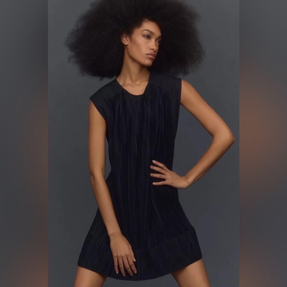 NWT By Anthropologie Cap Sleeve Plisse Mini Little Black Dress Formal Size Small
